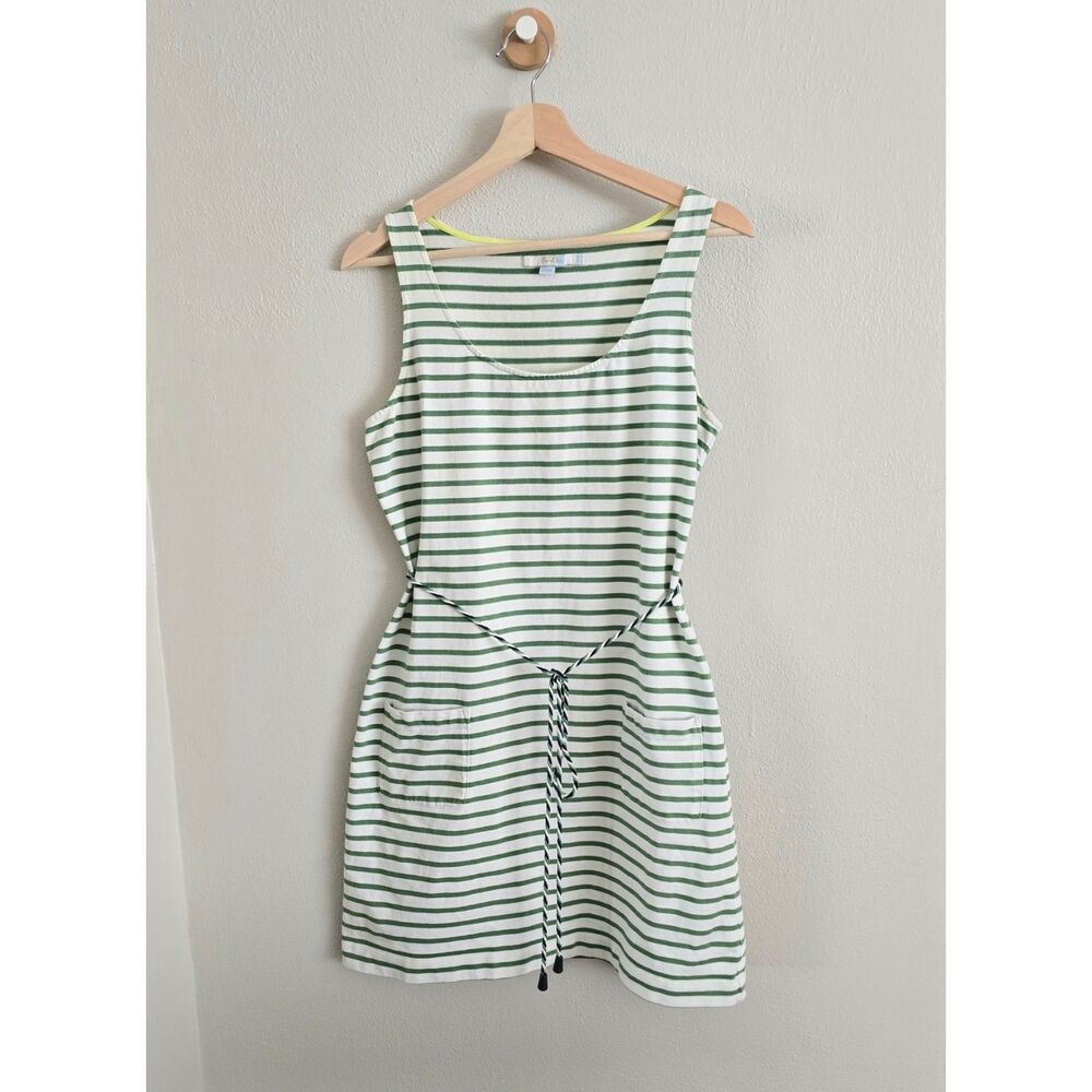 GUC+ Boden Shoreline Tunic Tank Dress Green Ivory Stripe Belted, Sz 8L